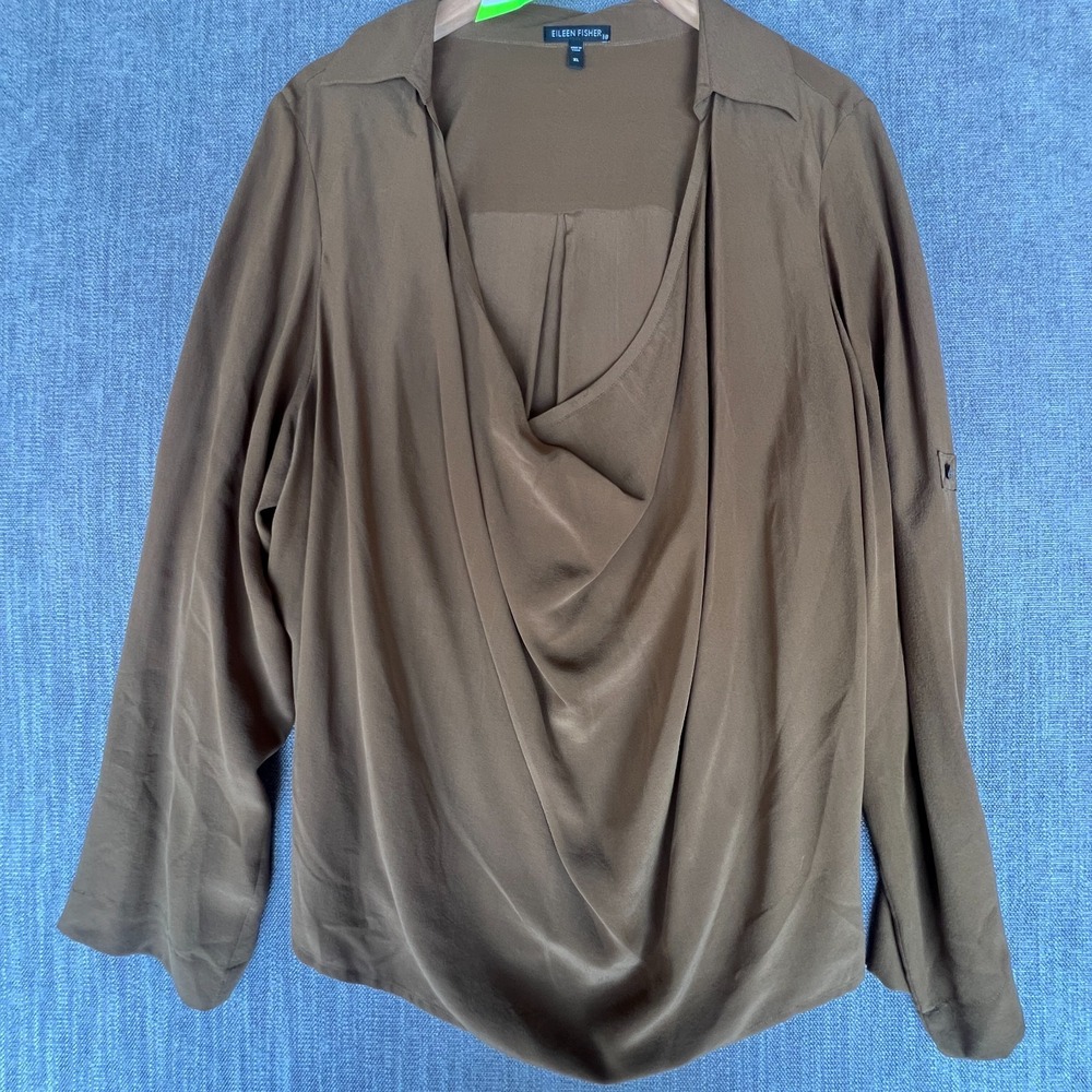 Eileen Fisher Blouse Top Womens XL Brown Cowl Neck Boho Evening Chic Minimalist